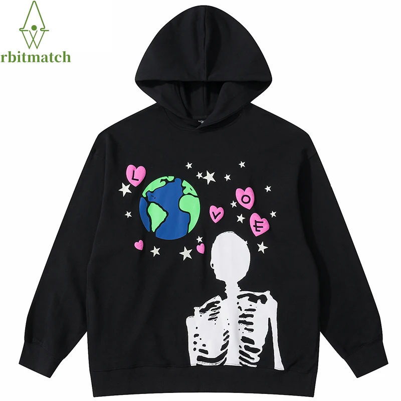 

Harajuku Hoodie Streetwear Sweatshirt Hip Hop Men Heart Skeleton Print Hooded Hoodie 2021 Autumn Cotton Casual Pullover Black
