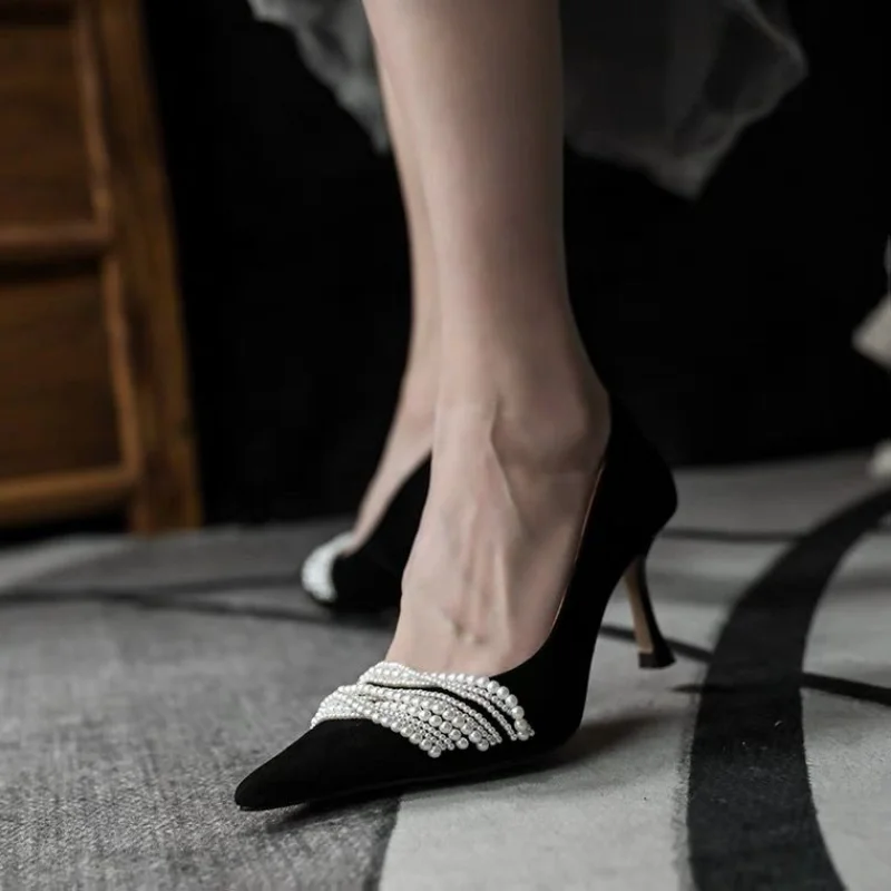

Sexy Women Shoes Beaded High Heels Pumps Spring/Autumn 2021 New Pointed Thin Heels Slip-on Shoes Woman Party Shoes