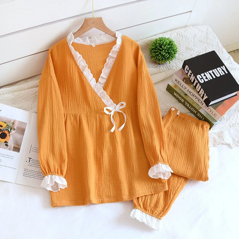 

2021Spring And Autumn New Ladies Soft Gauze Cotton Pajamas Set Solid Color Doll Collar Sleepwear Sweet 2Pcs Soft Loose Homeware