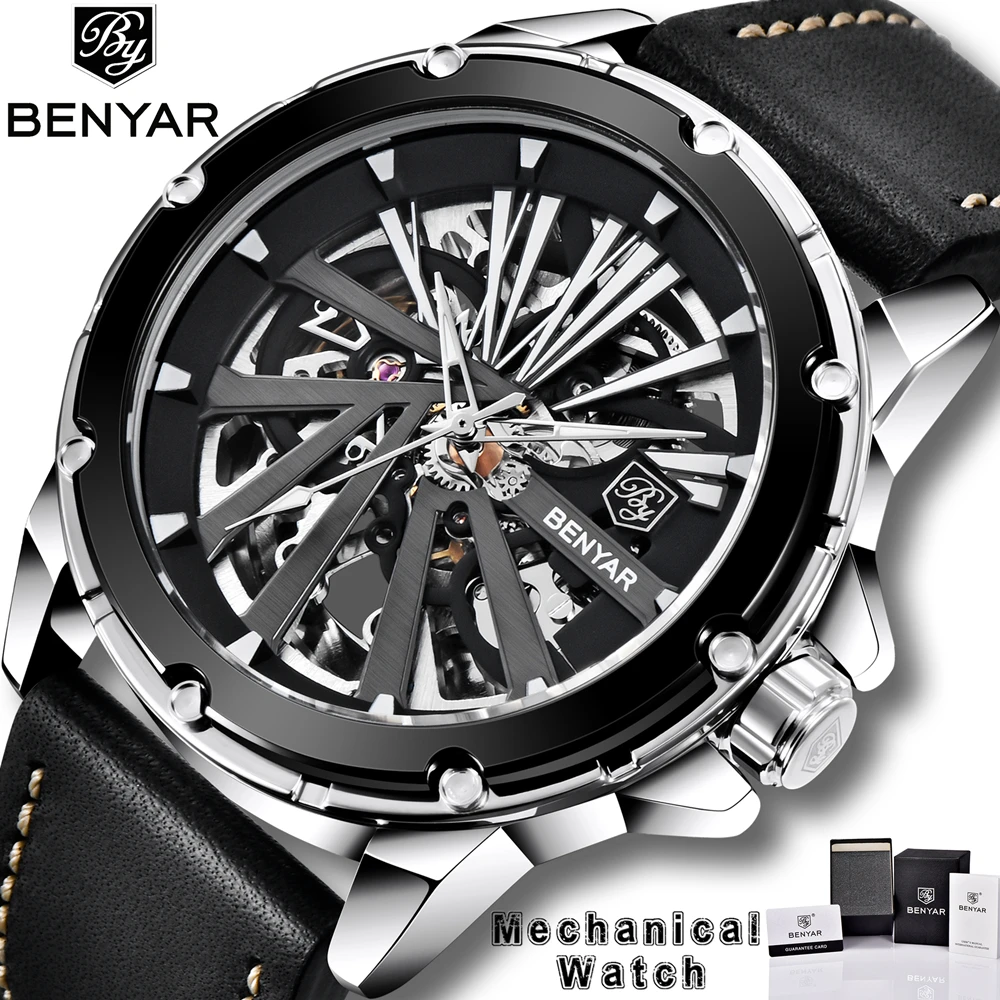 2021 BENYAR Brand Fashion Genuine Leather Watches Automatic Mechanical Skeleton Dial Men watch Casual Business Waterproof Watch