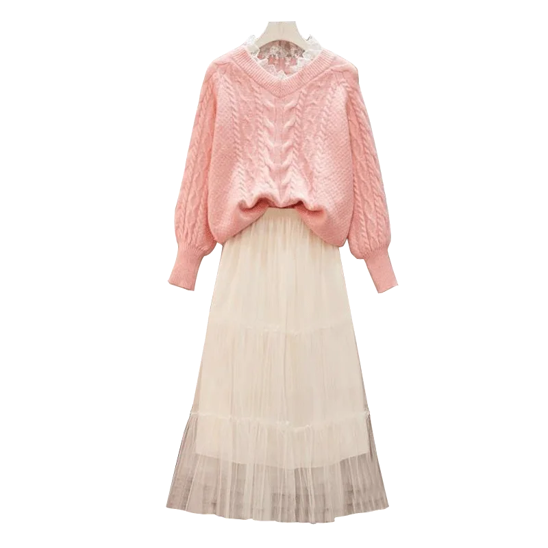 

Autumn Women Knit Top Pleated Skirt Twinset Sweater Network Veil Western Style New Winter Sweet Outfit Pink Outwear