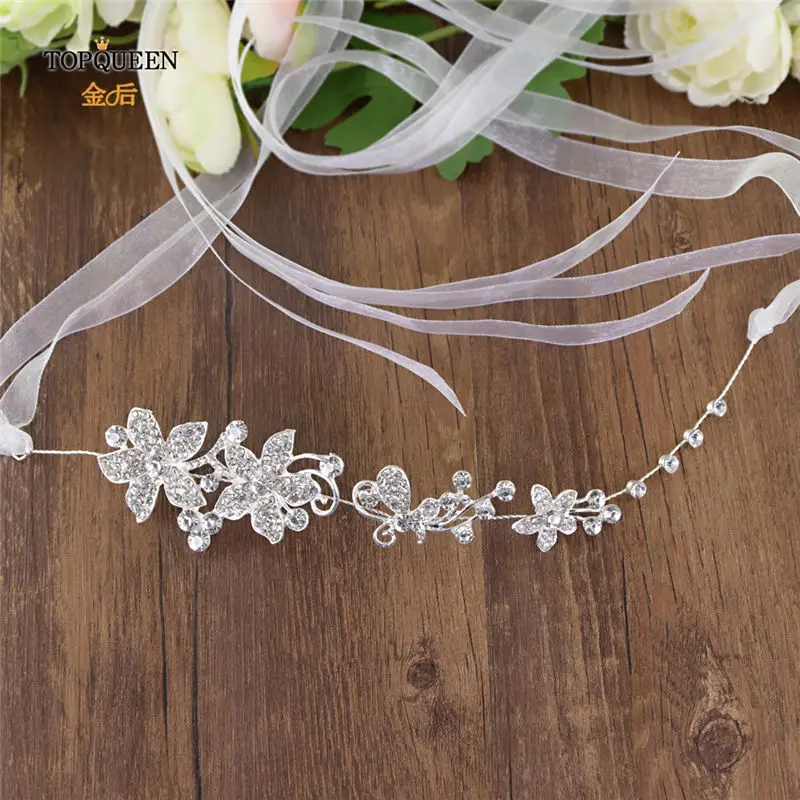 white organza TOPQUEEN SH260 Большой Хрустальный цветок пояс невесты Тонкий цветочный свадебный пояс горный хрусталь цветок свадебный пояс серебряный сплав пояс невесты - Цвет: white organza