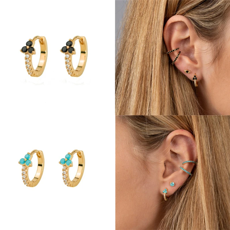 

KOJ 925 Sterling Silver Gold Color Three Zircon Huggies Hoops Women Fashion Small Wedding Jewelry 2021 Valentien's Gift Brincos