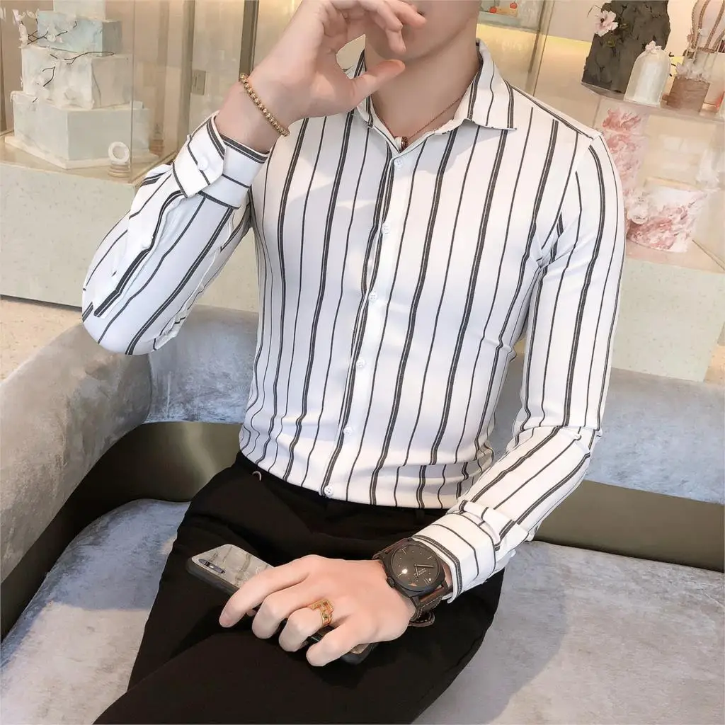 Мода 2019 Черная Мужская рубашка в полоску мужская высококачественные мужские