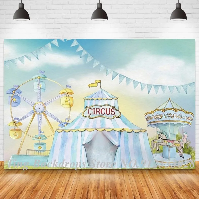 

Голубой цирк лагерь колеса обозрения Новорожденный ребенок душ фото фон карусель магия шоу дети день рождения