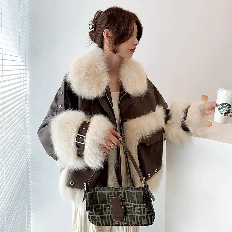

Real Fox Fur Patchwork Genuine Leather Coat Jackets Female Women Natural Fur Sheepskin Leather Overcome Thick Warm Outwear