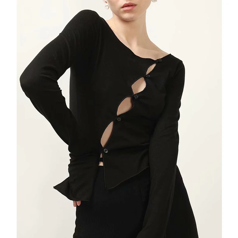 

YENKYE Spring Women New Design Oblique Buckle Asymmetric Knit Top Sexy O Neck Long Sleeve T Shirt Female Fashion Summer Tee