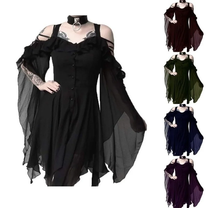 

Women Retro Queen Princess Sling Evening Dress British Style Gothic Carnival Party Witch Scary Cosplay Costume
