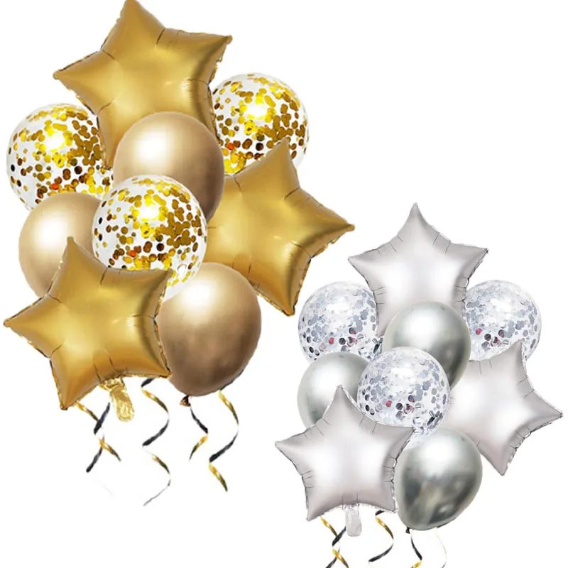 Золотистые и серебристые металлические шары декоративные из фольги в виде звезд
