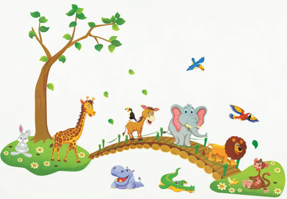 

3D Cartoon Jungle Wild Animal Wall Stickers Tree Bridge Lion Giraffe Elephant PVC Removable Sticker For Kids Bedroom Home Decals