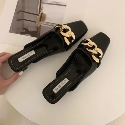 

semi-care shoes celebrities Internet single femininity Baotou semi-slippers women wear middle heel flip-flops in summer