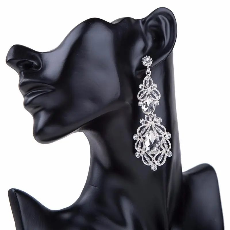 Модные длинные висячие серьги с кристаллами винтажные сережки серебряного цвета