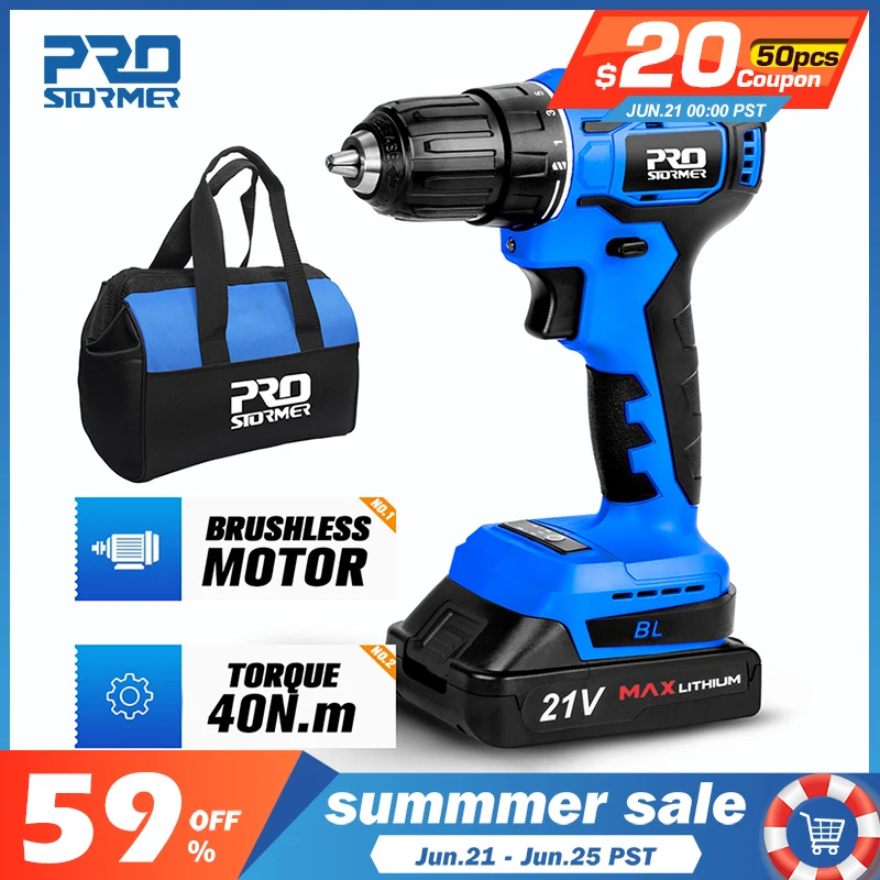 21V Brushless Electric Drill 40NM Cordless Screwdriver 2000mAh Battery Mini Electric Power Screwdriver Drill 5pcs Bit PROSTORMER