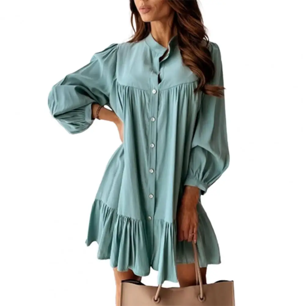 

Women Vintage Dress Ruffled Front Button A-line Long Sleeve Stand Collar Solid Elegant Casual Mini Dress 2021 Summer New Dress
