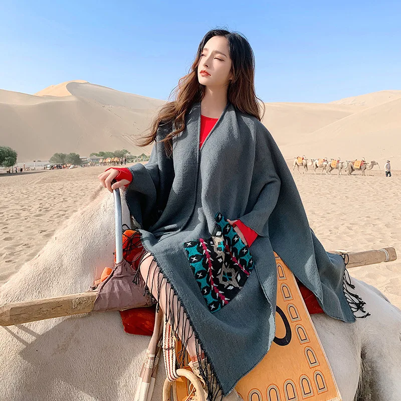 

Scarf Women Winter Outside with Split Shawl Imitation Cashmere Thick Warm Tassel Pocket Cloak Desert Tourism Keep Warm