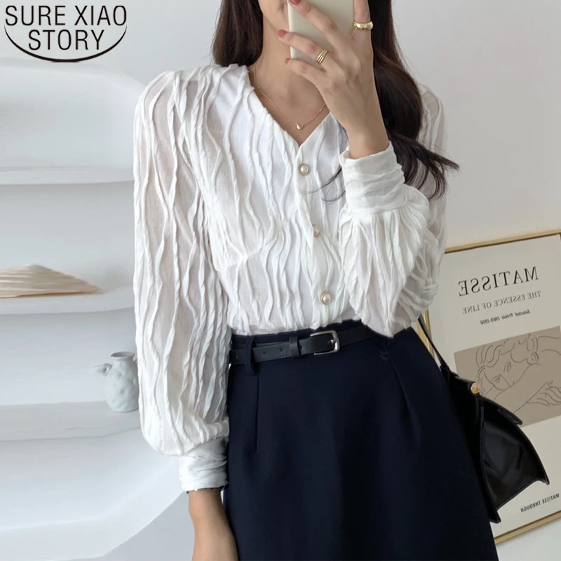 

2021 Autumn Gentle Elegant Pleated Tops Casual Loose Clothes Long Sleeve V-neck Shirt Korean Fashion White Blouse Blusas 17116