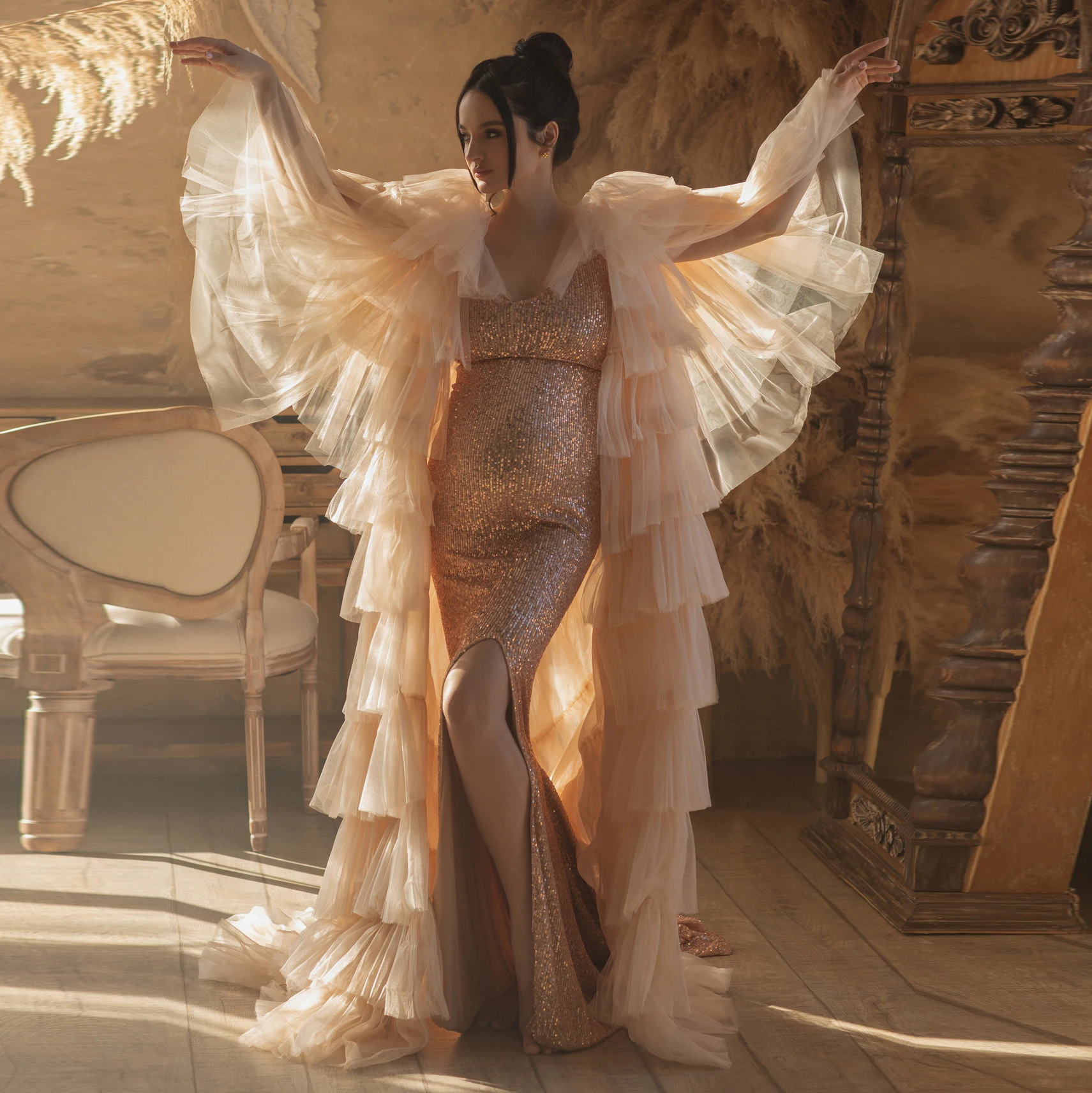 

Комплект из двух предметов, длинный халат, блестящие платья для беременных с разрезом, платье-Русалка для беременных женщин, Тюлевое платье ...