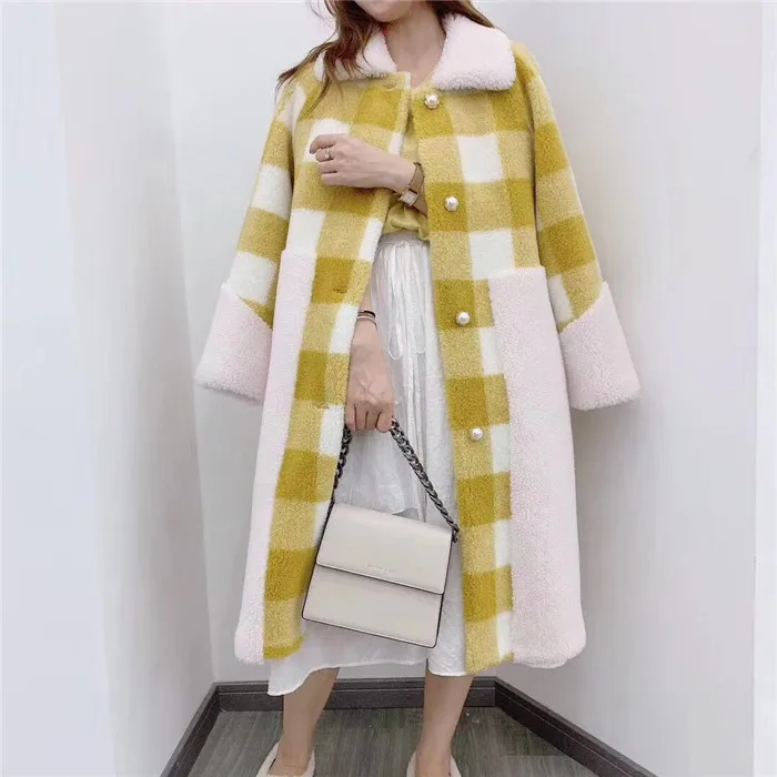yellow plaid 2 Осень Зима для женщин дамы из натуральной овечьей шерсти меховые пальто мода плед стрижки овец Длинные теплые куртки - Цвет: yellow plaid 2