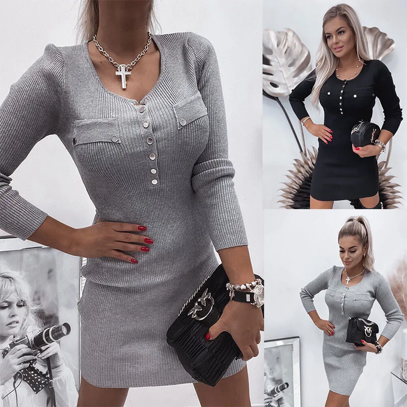 

Women's Dress Knitted Pockets Button Mini Dress Long Sleeve Half Open Collar Solid Basic Office Ladies Bodycon Sexy Dress Female
