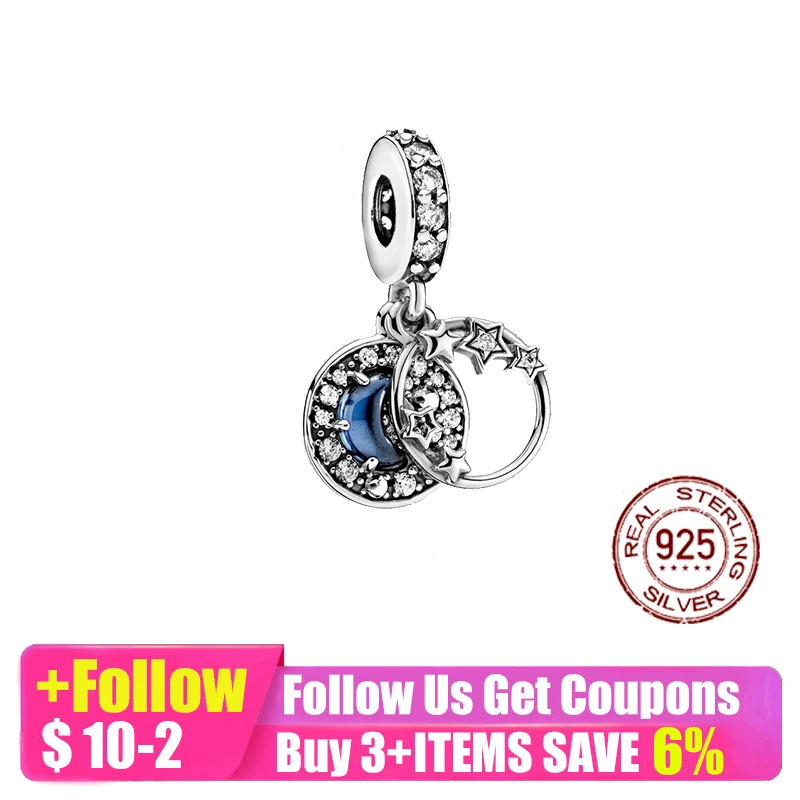 

New Original Silver Color Blue Moon Star Dangle Diy Bead Fit European Pandora Charms Bracelet Bangles Jewelry P065