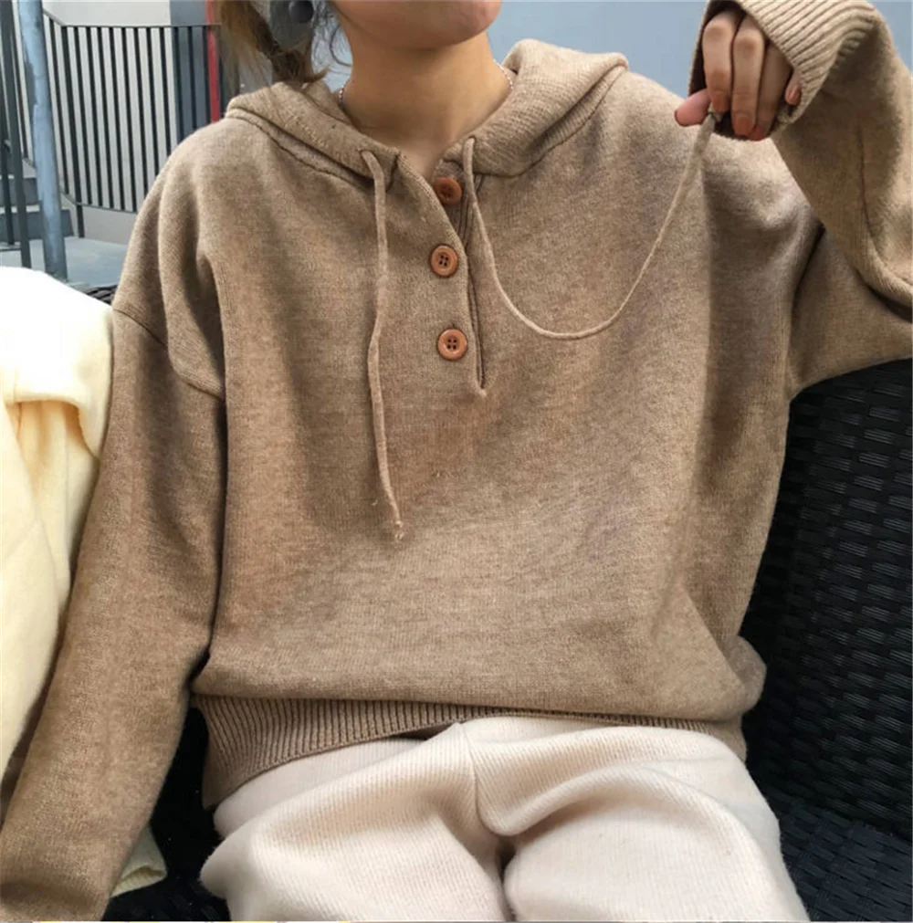 Women Sweater Spring Autumn Long Sleeve Solid Hooded Knitted Casual Pullover Plus Size Soft Jumpers sweter mujer | Женская одежда