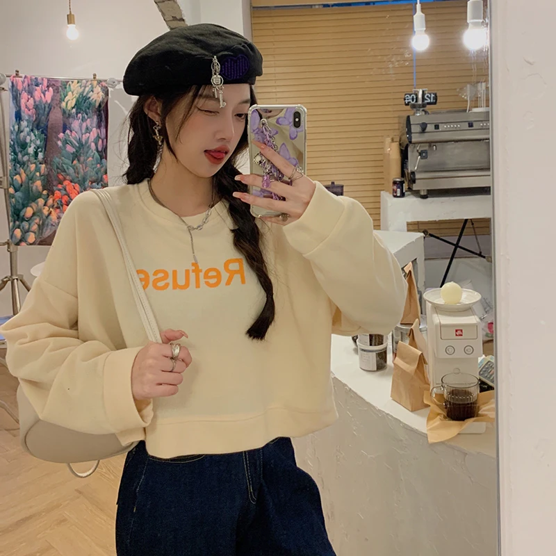 

Creamy Yellow Sweater Women Autumn And Winter Loose Lazy Letter Round Neck Pullover Plus Velvet Thick Top Tide Ins
