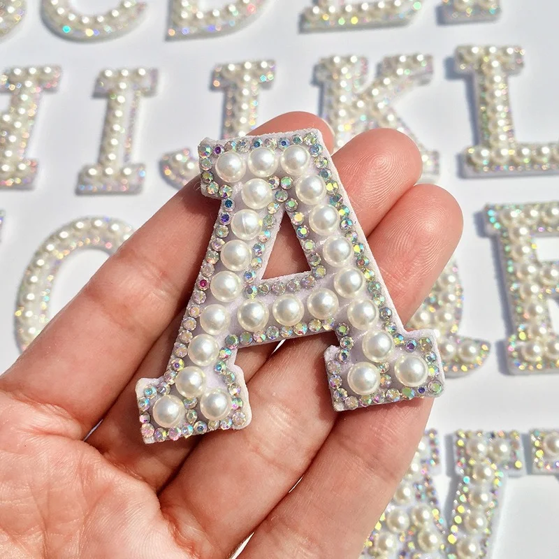 

1 Pcs Creative English Alphabet A-Z White Pearl Rhinestone English Letter Patches Iron on Stickes Applique 3D Handmade Patches