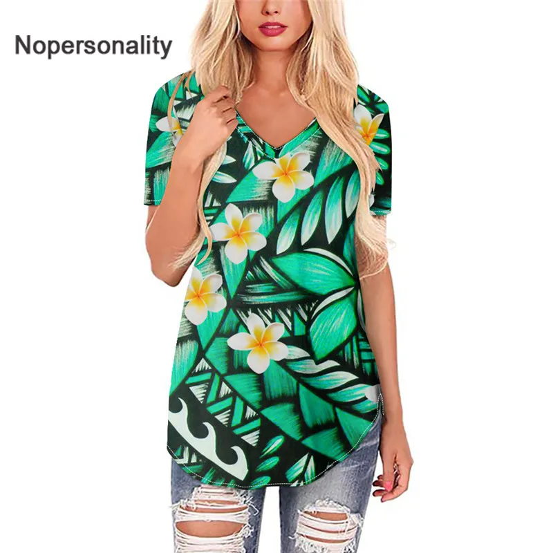 

Nopersonality Large Size V-neck Loose Tops for Women's Polynesian Plumeria Flower Pattern Lady Casual Short Sleeve 2021 New