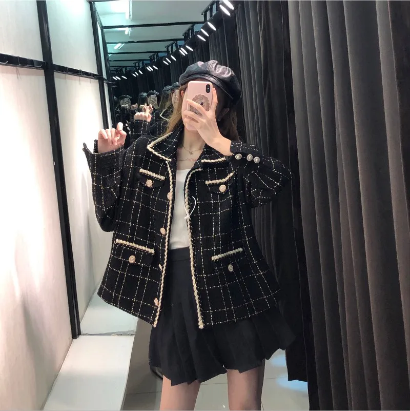 

Female Tweed Coat Office Elegant Loose Fit Plaid Jacket New Vintage Autumn Single Breasted Outerwear Women Casual Short Jackets