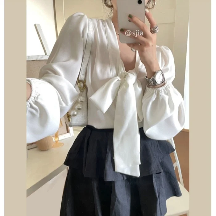 

Korean Chic Shirt Elegant Tie Bow V-neck Lantern Sleeve White Shirt