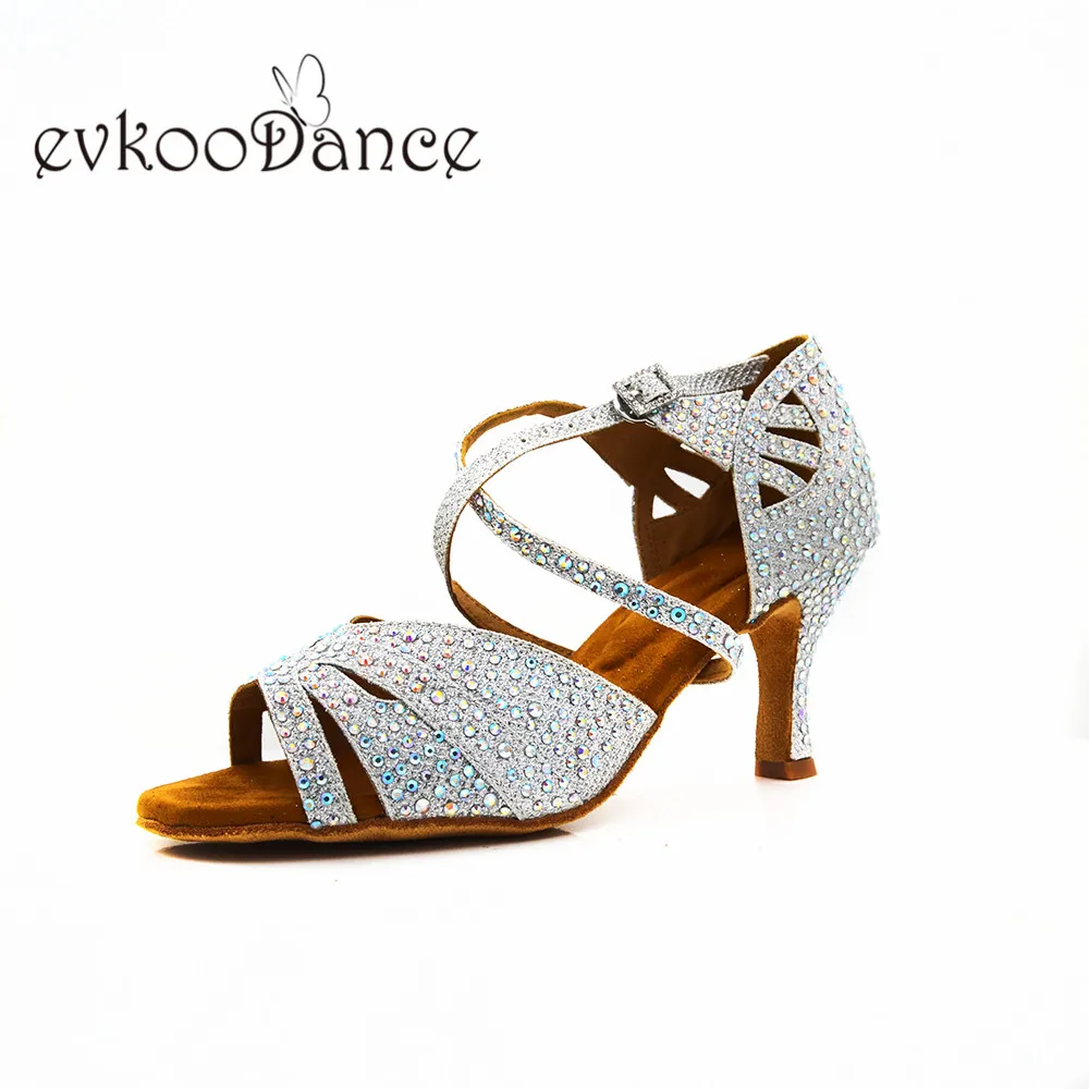 

Zapatos De Baile dance shoes latin salsa For Women silver glitter with rhinestone size US4-12 heel height 7cm professional NL344
