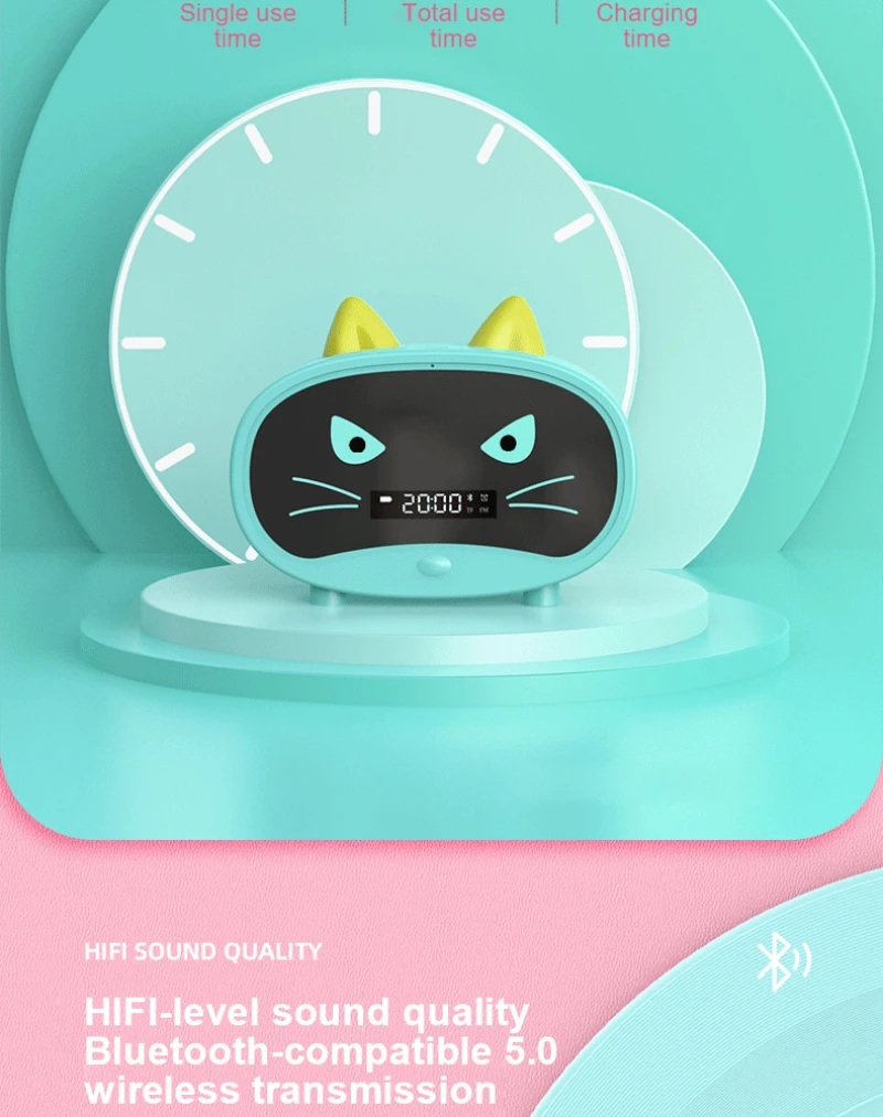 Wireless Bluetooth-compatible 5.0 Stereo Player Digital Alarm Clock FM Radio Speakers Portable With USB Charging Cat Ear Speaker |