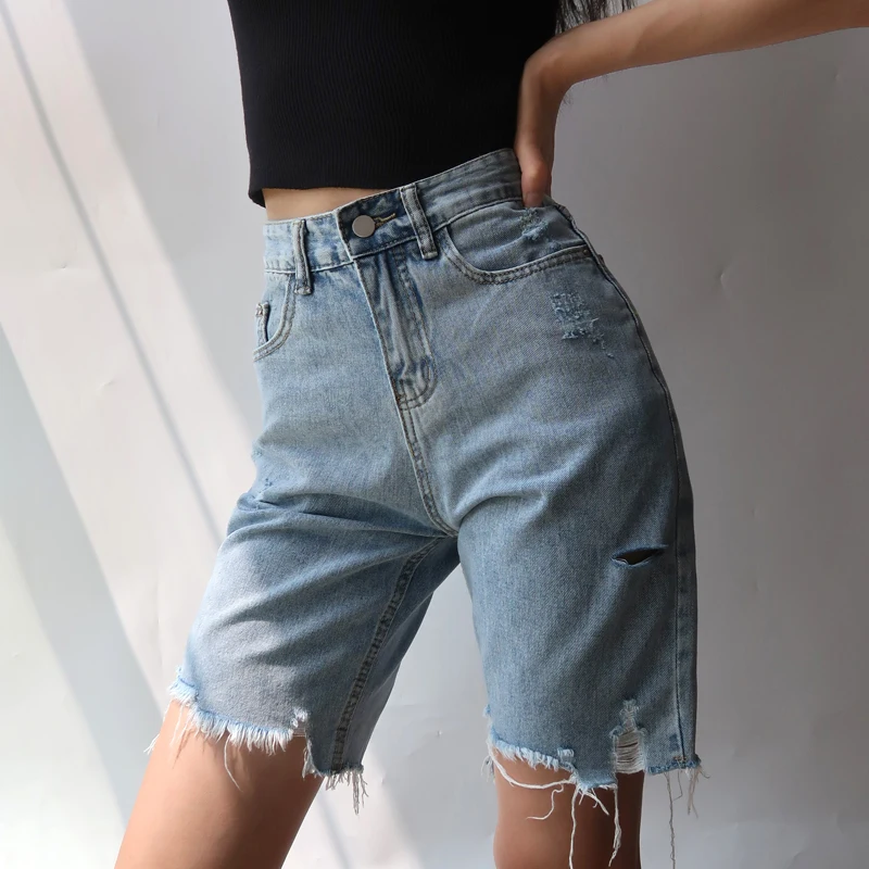 

High Waist Hole Tassels Slim Cyclist Denim Bermuda Shorts Jeans Summer Straight Casual Fashion Women Denim Shorts Zipper 2021