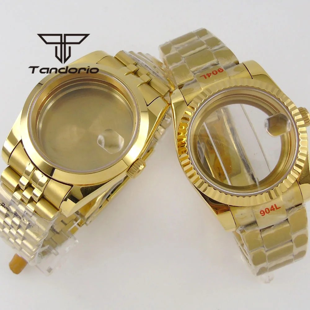 36/39mm Gold Coated Watch Case Bracelet for NH35 NH36 ETA2824 2836 MIYOTA82 DG Polished/Fluted Bezel Solid/Glass Back