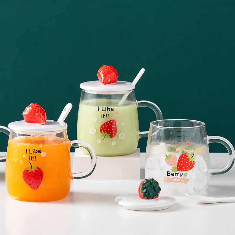 

Novelty 3d Lid Cartoon Strawberry Cute Water Glass Transparent Mug Drinking Borosilicate Glasses Coffee Milk Drinkware Cup Gift