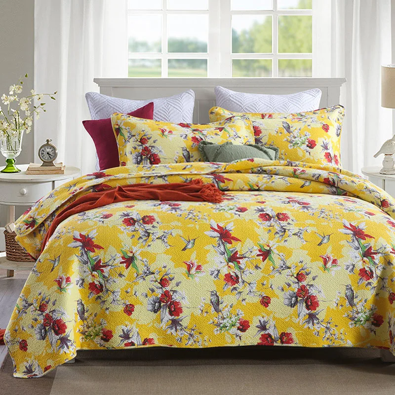 

Новое Роскошное хлопковое одеяло, 3 шт., желтое покрывало с принтом на кровать, наволочка, Королевский размер, летнее одеяло для двуспальной ...