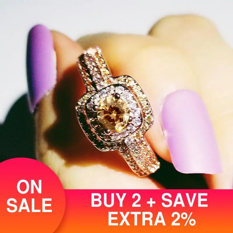 

2019 New Hot Selling Rose Gold Color Champagne Zircon Wedding Ring For Women Bride Finger Multi Anniversary Gift Jewelry R5038