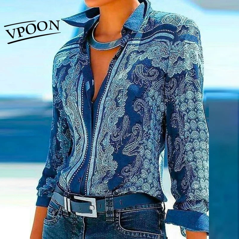 

2021 Fashion Korean VersionRetro Print Lapel Collar Long Sleeve Top Shirt Ladies Women Clothing T-Shirt Female Streetwear