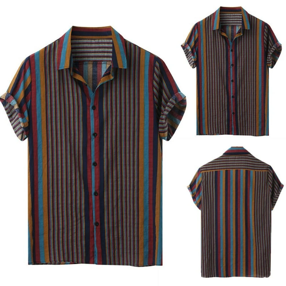 Мужская полосатая рубашка с лацканами летняя повседневная свободная футболка