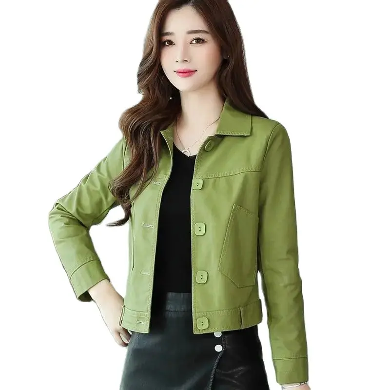 Short Green Leather Jacket Women's Casual Loose Single Breasted Faux Leather Coat Sping Autumn Big Pocket Motorcycle Outwear Q52