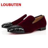 loubuten italy style wine red men velvet loafers summer handmade rivets casual shoes designer dress shoes plus size