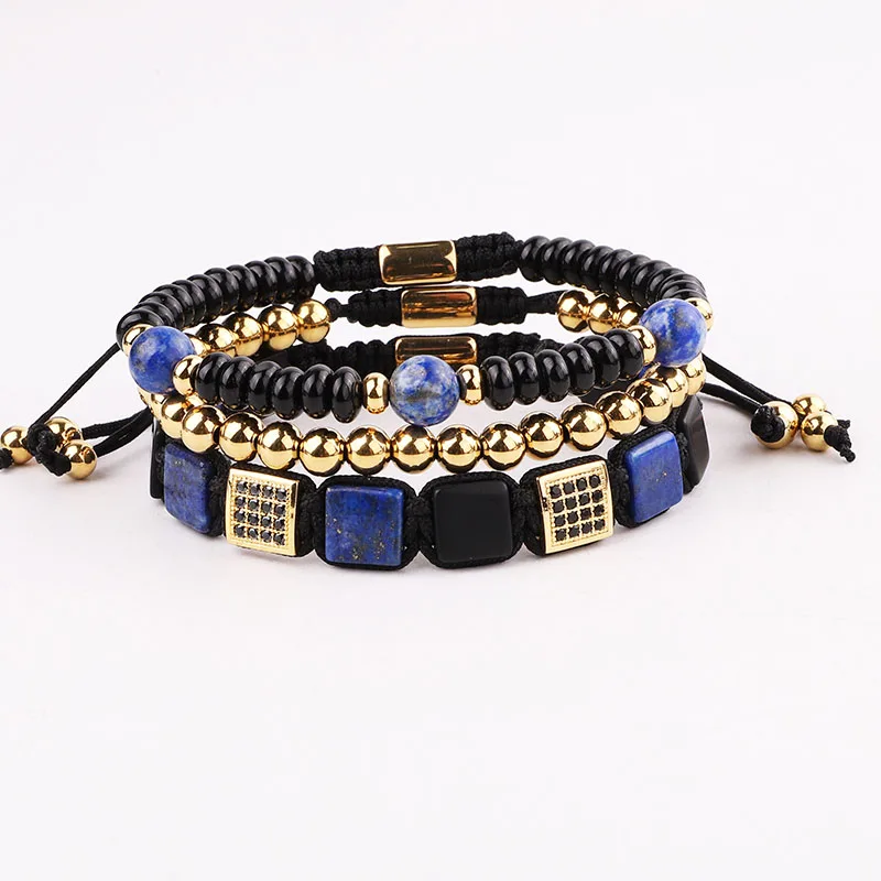 

New High Quality Natural Square Stone Stainless Steel Gold Beads Friendship Macrame Bracelet Men