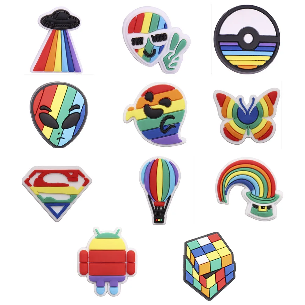 

11pcs Rainbow Colors Alien Ghost Shoe Charms Shoe Accessories Garden Shoe Decoration for Buckle Kids X-mas Kids Gift Croc Jibz
