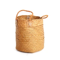 pastoral style handmade straw storage basket creative cattail flower pot cover round small handle gift flower arrangement basket