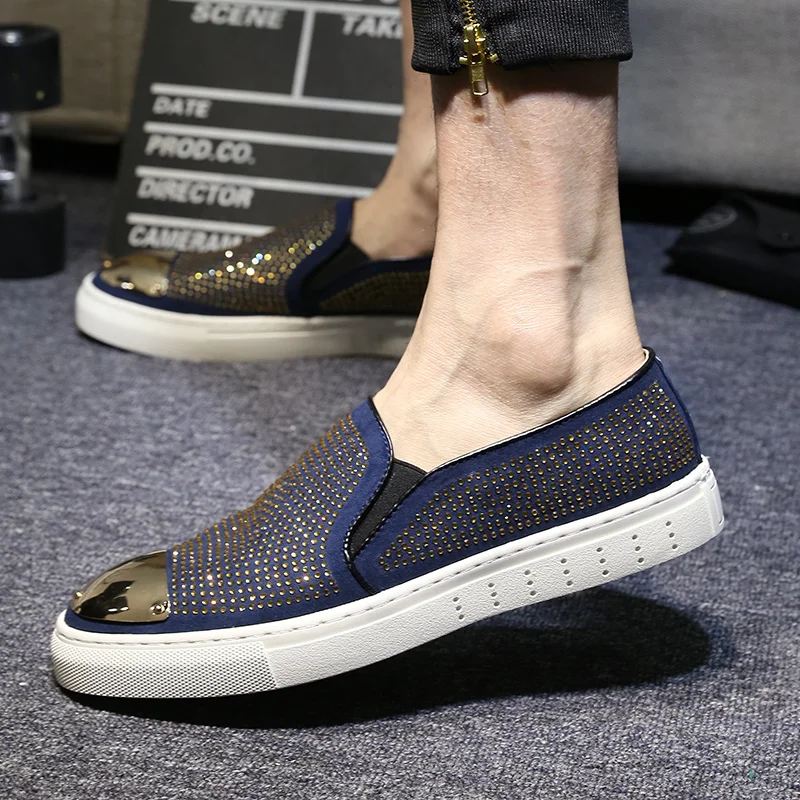

Korean style men shoes luxury fashion rhinestone slip-on lazy shoe flat platform breathable loafers party nightclub sneakers man