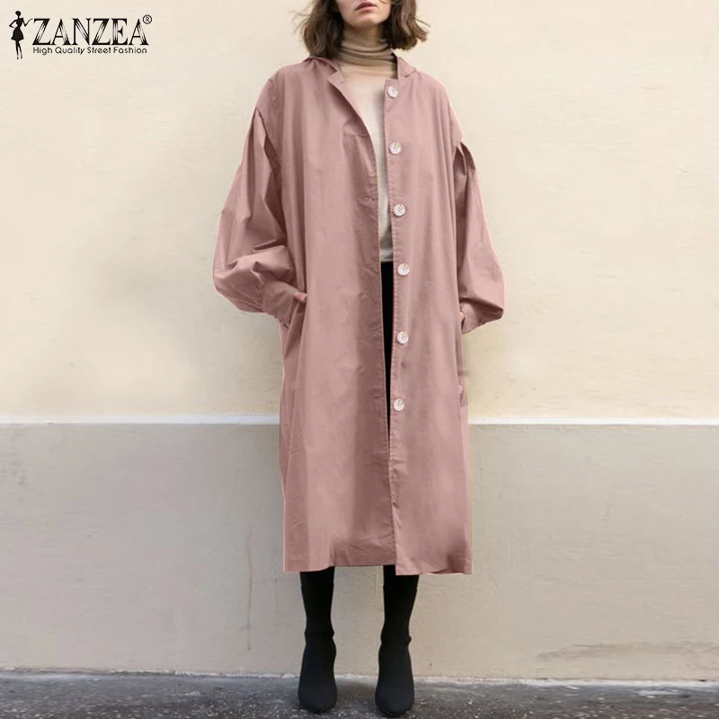 

Женское вельветовое пальто ZANZEA весна-осень 2021, длинный Тренч с пышными рукавами, Модный повседневный Однотонный женский Тренч с лацканами