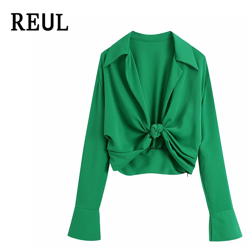 

REUL 2021 Women Fashion With Knitted Cropped Blouses Vintage Beach Resort Long Sleeve Side Zipper Female Shirts Chic Tops