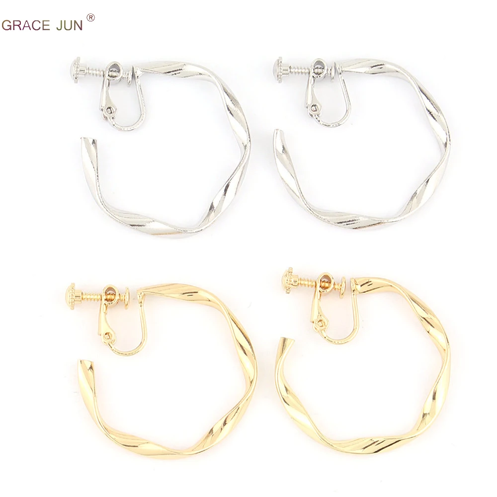 

GRACE JUN Korea Style Big Hoop Copper Material Geometric Clip on Earrings Without Pierced Elegant Cuff Ear Clip Anti-allergy New
