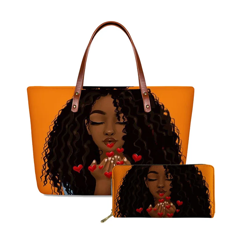 

HYCOOL Black Afro Girl Print Tote Shoulder Handbag Purse Set Bags for Women Ladies Clutch Bag Wallet Cosmetic Storage Hand Bags