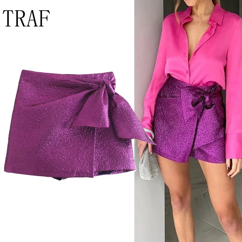 

Женские шорты с высокой талией TRAF Za, модные шорты с бантом, женская уличная одежда, сексуальные фиолетовые мини-шорты, Y2K, кюлоты, 2021